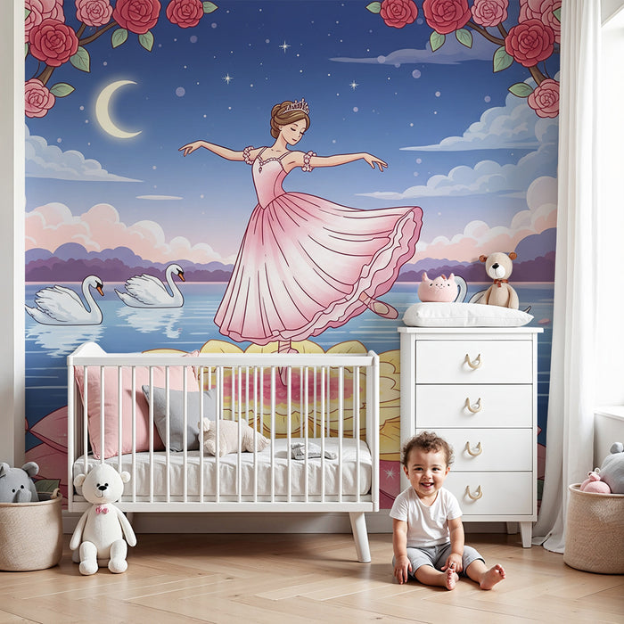 Papier peint chambre bébé | Danseuse sur une fleur au bord d'un lac féerique