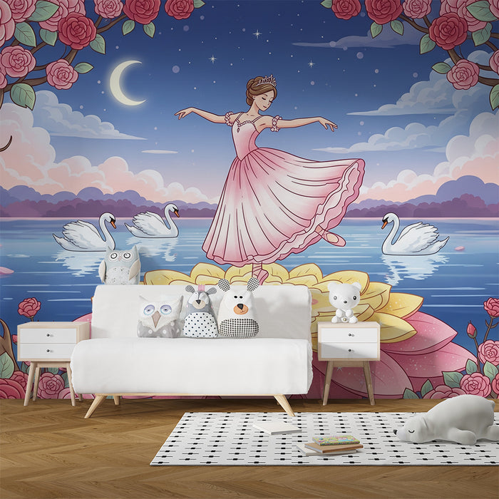 Papier peint chambre bébé | Danseuse sur une fleur au bord d'un lac féerique