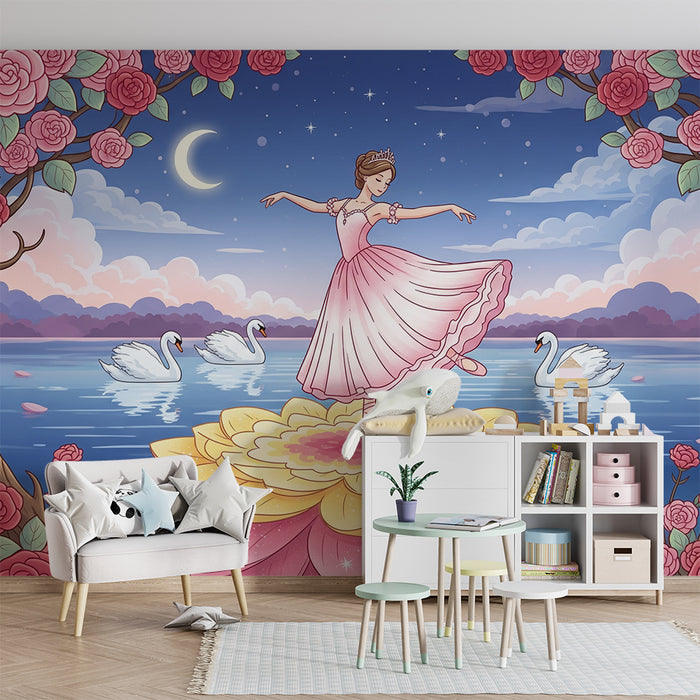 Papier peint chambre bébé | Danseuse sur une fleur au bord d'un lac féerique