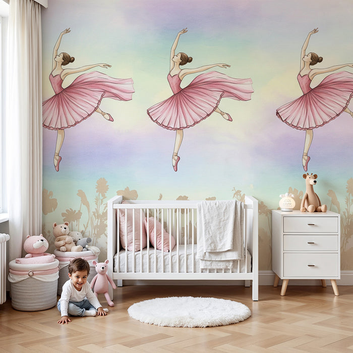 Babykamer behang | Roze ballerina's in tutu en delicate bloemen