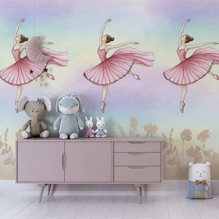 Babykamer behang | Roze ballerina's in tutu en delicate bloemen