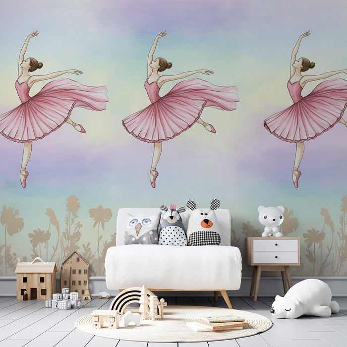 Babykamer behang | Roze ballerina's in tutu en delicate bloemen