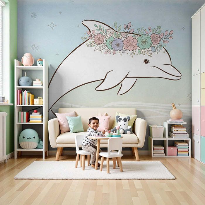 Paberituba beebi tapeet | Elegantne delfiin lillekrooniga ja veeteemaline kaunistus