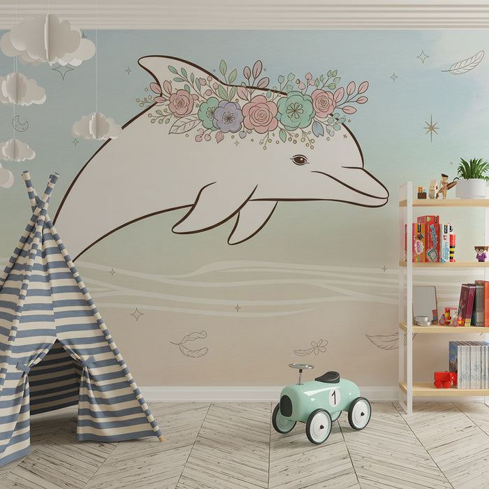 Paberituba beebi tapeet | Elegantne delfiin lillekrooniga ja veeteemaline kaunistus