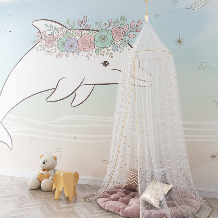 Paberituba beebi tapeet | Elegantne delfiin lillekrooniga ja veeteemaline kaunistus