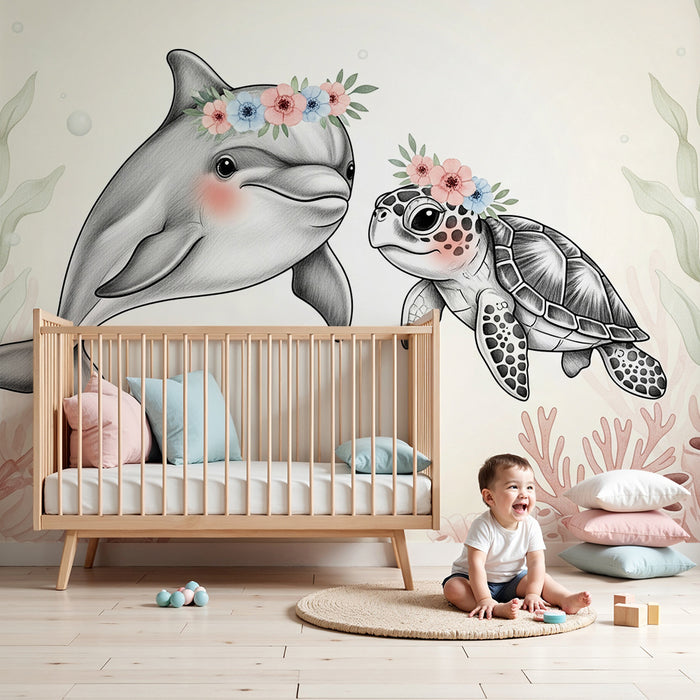 Papier de parede soba za bebe | Podvodni dupin i kornjača s cvijećem