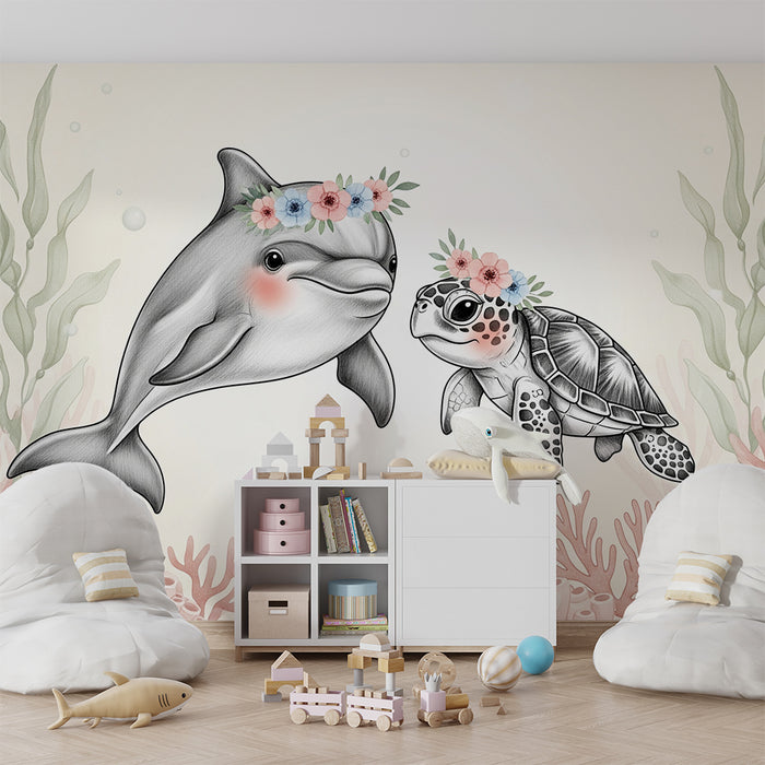 Papier de parede soba za bebe | Podvodni dupin i kornjača s cvijećem