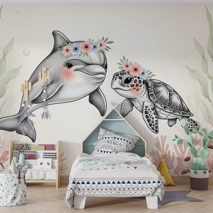 Papier de parede soba za bebe | Podvodni dupin i kornjača s cvijećem