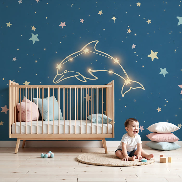 Papier peint chambre bébé | Dauphin étoilé et ciel nocturne