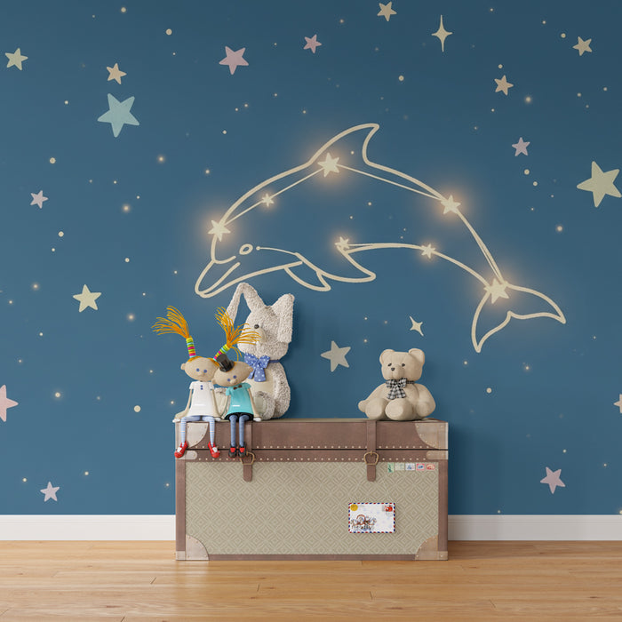 Papier peint chambre bébé | Dauphin étoilé et ciel nocturne