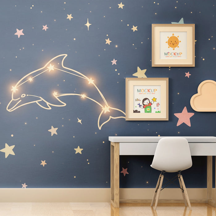 Papier peint chambre bébé | Dauphin étoilé et ciel nocturne