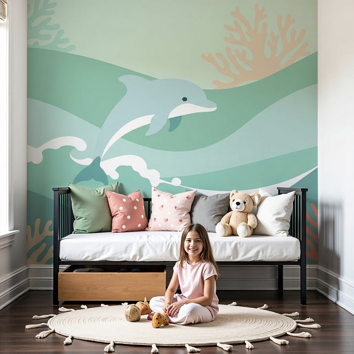 Barntapet | Delfin spelare mitt i vågor och färgglada koraller