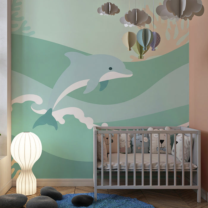 Barntapet | Delfin spelare mitt i vågor och färgglada koraller