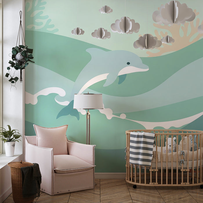Barntapet | Delfin spelare mitt i vågor och färgglada koraller