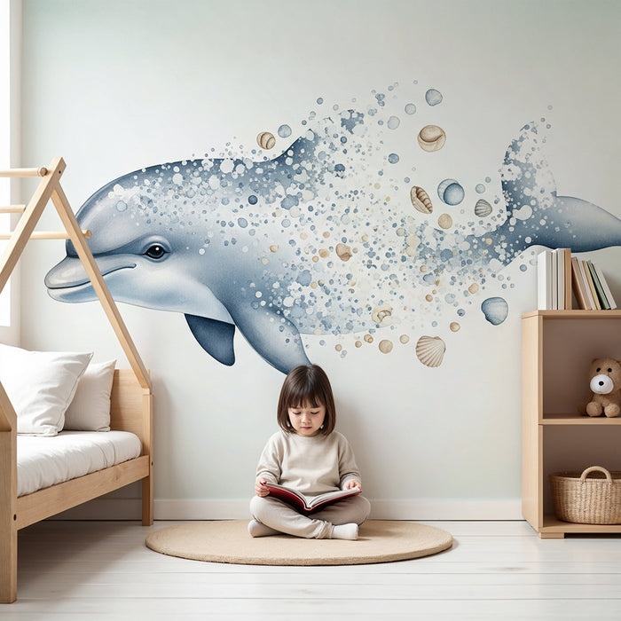 Papier peint chambre bébé | Dauphin joueur et éclats marins dans un décor apaisant