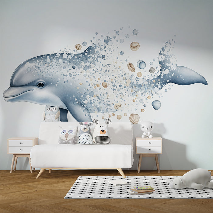 Papier peint chambre bébé | Dauphin joueur et éclats marins dans un décor apaisant