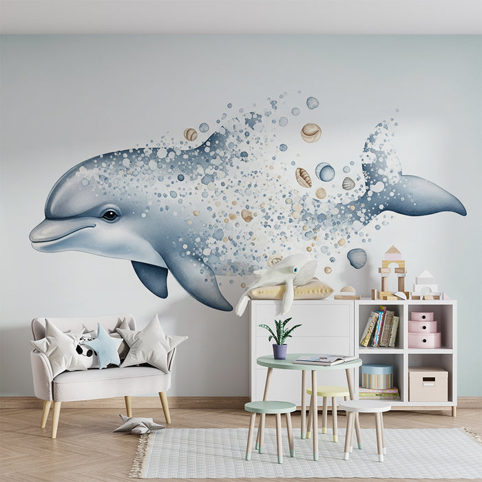 Papier peint chambre bébé | Dauphin joueur et éclats marins dans un décor apaisant