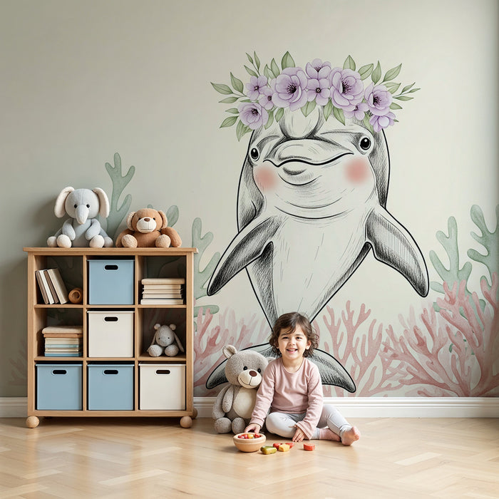 Papier de parede soba bebe | Sretan delfin s cvjetovima i koraljima