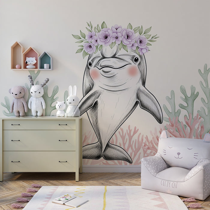 Papier de parede soba bebe | Sretan delfin s cvjetovima i koraljima