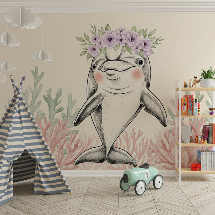 Papier de parede soba bebe | Sretan delfin s cvjetovima i koraljima