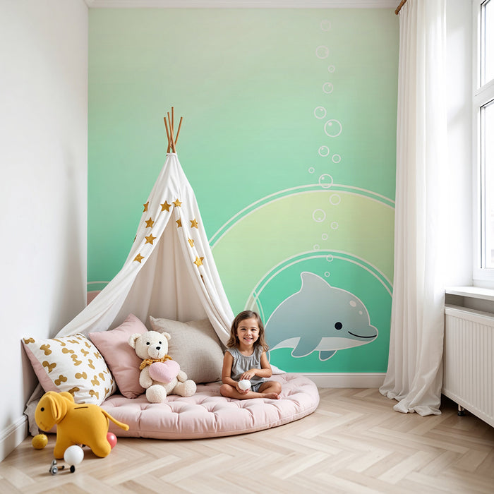 Nursery room wallpaper | Happy dolphin and underwater bubbles