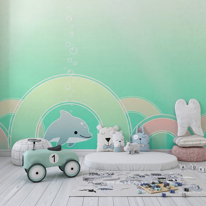 Nursery room wallpaper | Happy dolphin and underwater bubbles