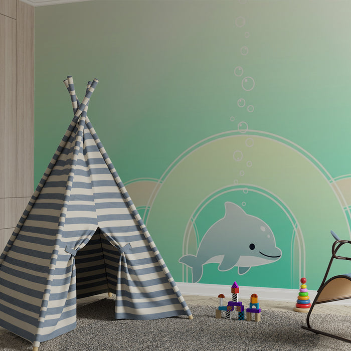 Nursery room wallpaper | Happy dolphin and underwater bubbles