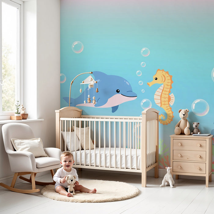 Lastenhuoneen tapetti | Iloinen delfiini ja merihevonen värikkäässä merimaailmassa