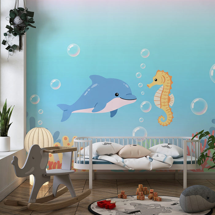 Lastenhuoneen tapetti | Iloinen delfiini ja merihevonen värikkäässä merimaailmassa