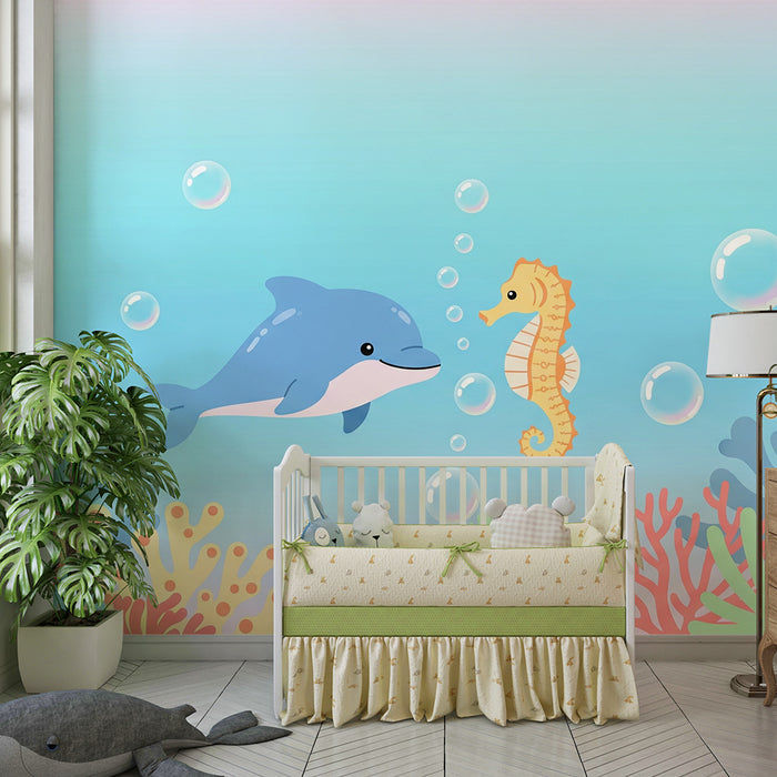 Lastenhuoneen tapetti | Iloinen delfiini ja merihevonen värikkäässä merimaailmassa