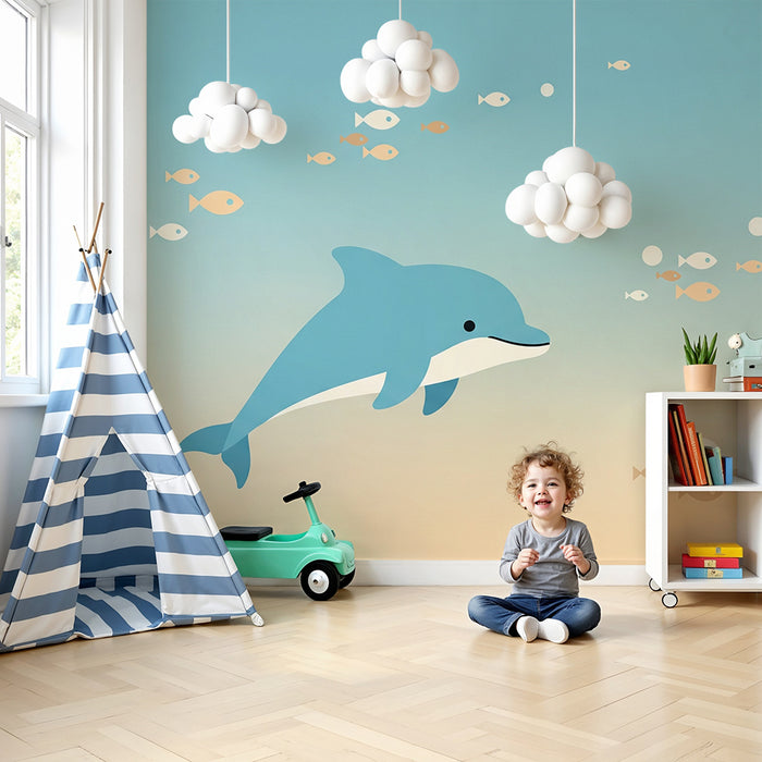 Barntapet | Glada delfiner och färgglada fiskar i lugnande hav