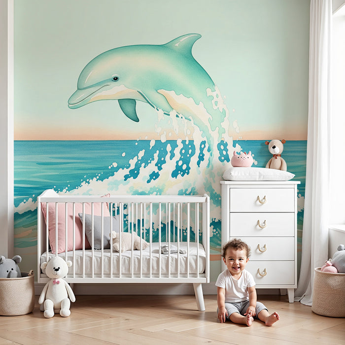 Papier peint chambre bébé | Dauphin sautant au-dessus des vagues turquoise