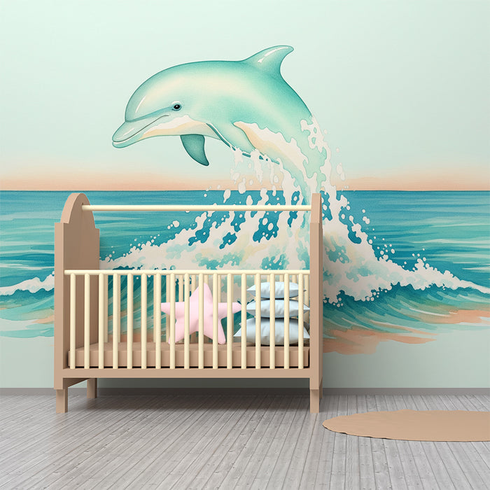 Papier peint chambre bébé | Dauphin sautant au-dessus des vagues turquoise