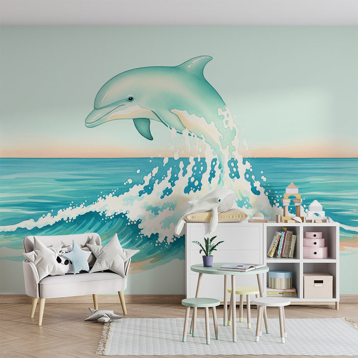 Papier peint chambre bébé | Dauphin sautant au-dessus des vagues turquoise