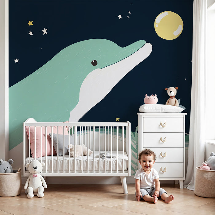 Barntapet | Delfin under stjärnorna med vågor och blommor