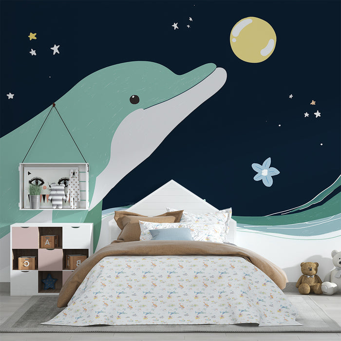 Barntapet | Delfin under stjärnorna med vågor och blommor