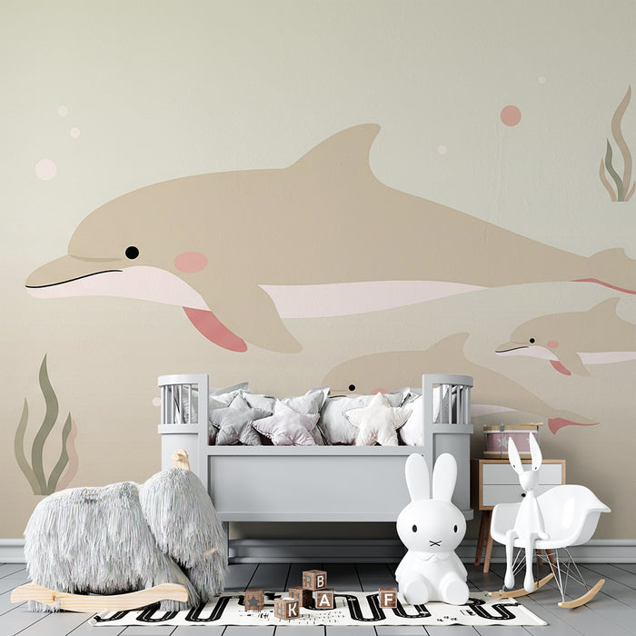 Lastenhuoneen tapetti | Suloiset delfiinit uivat rauhallisessa valtameressä