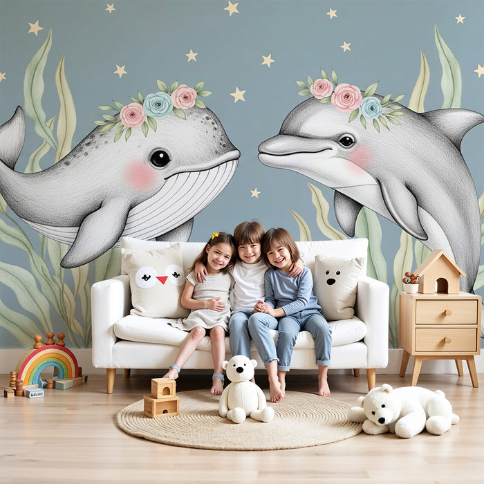 Tapet za dječju sobu | Cvjetni dupini i kitovi ispod zvijezda