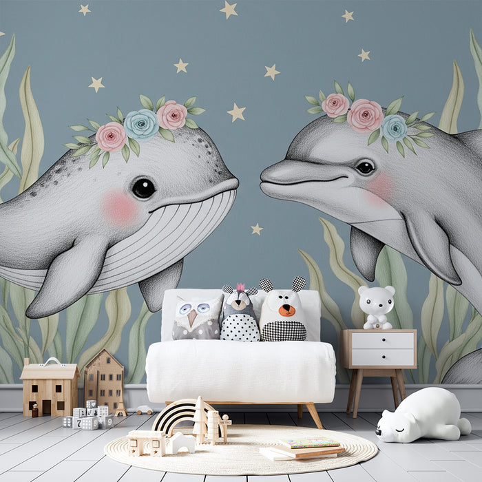 Tapet za dječju sobu | Cvjetni dupini i kitovi ispod zvijezda