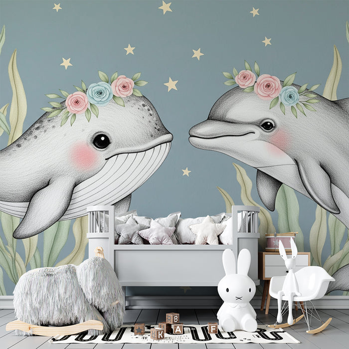 Tapet za dječju sobu | Cvjetni dupini i kitovi ispod zvijezda