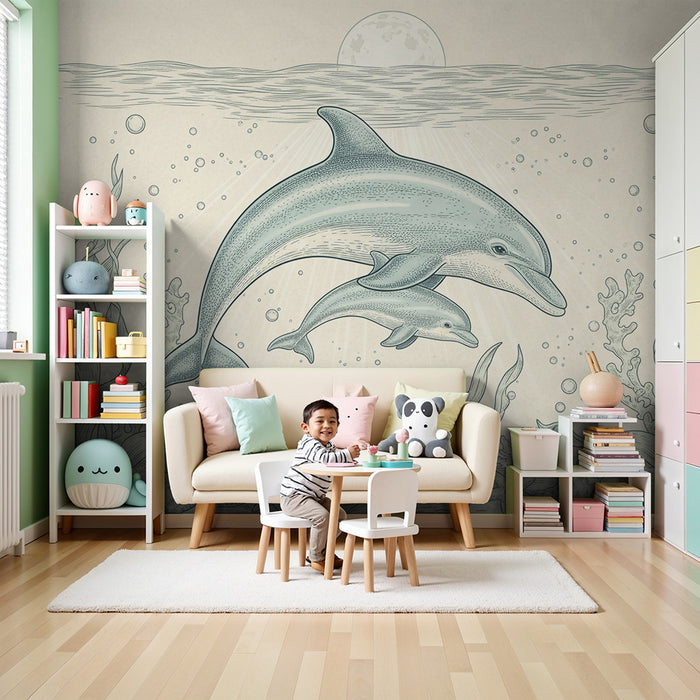 Papel pintado habitación bebé | Delfines nadando en un océano tranquilo con corales y conchas