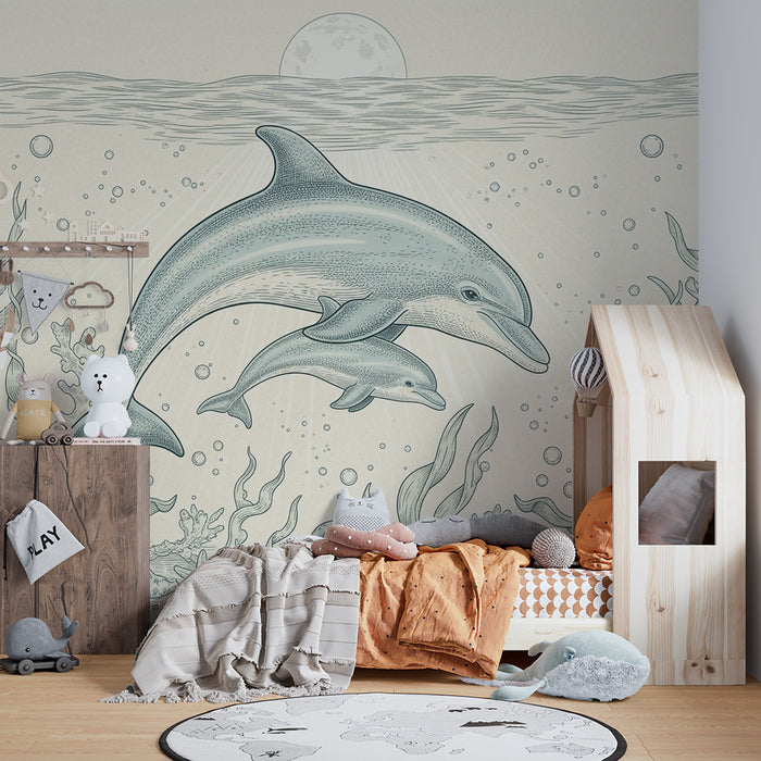 Papel pintado habitación bebé | Delfines nadando en un océano tranquilo con corales y conchas