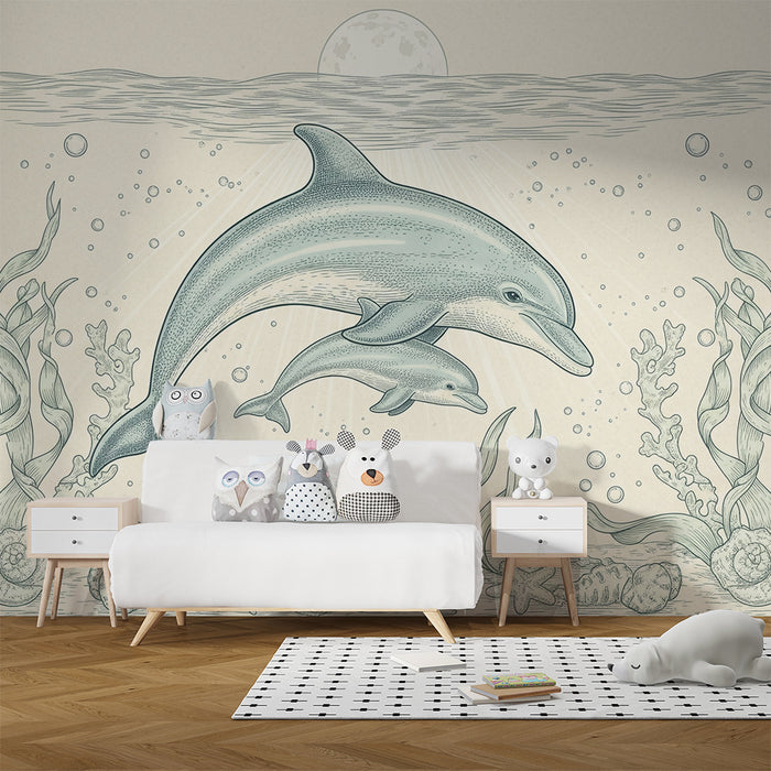 Papel pintado habitación bebé | Delfines nadando en un océano tranquilo con corales y conchas