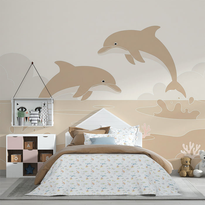 Papel de parede para quarto de bebé | Golfinhos a saltar sobre as ondas num ambiente sereno