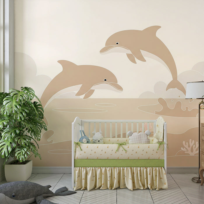 Papel de parede para quarto de bebé | Golfinhos a saltar sobre as ondas num ambiente sereno
