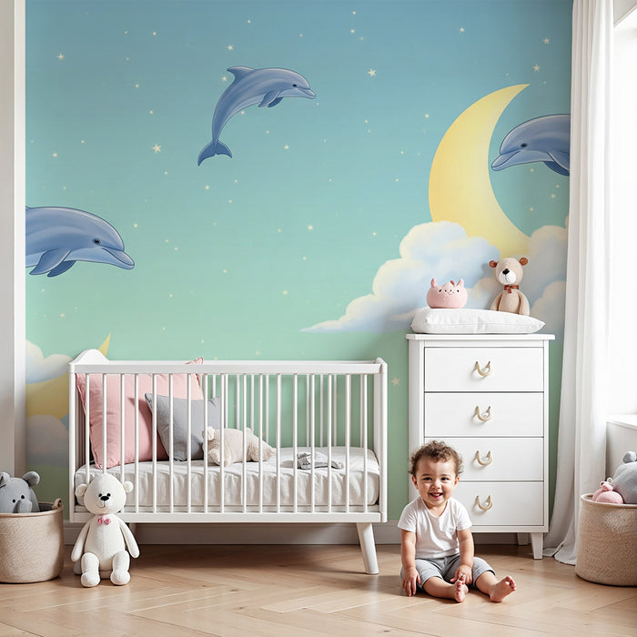 Baba szobai tapéta | Delfinek az éjszakai égbolton arany holdakkal