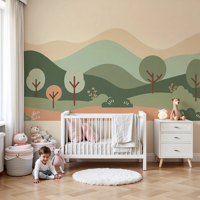 Papier peint chambre bébé | Décor apaisant de collines et arbres stylisés