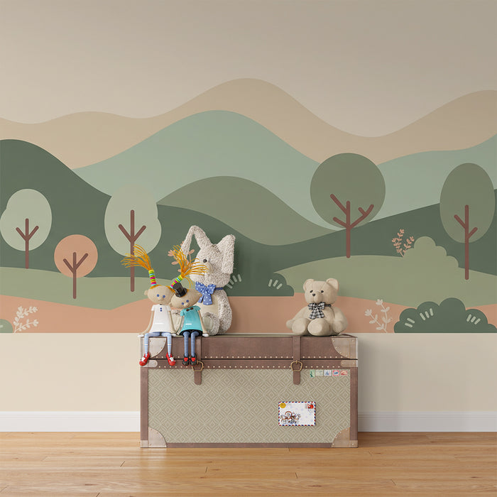 Papier peint chambre bébé | Décor apaisant de collines et arbres stylisés