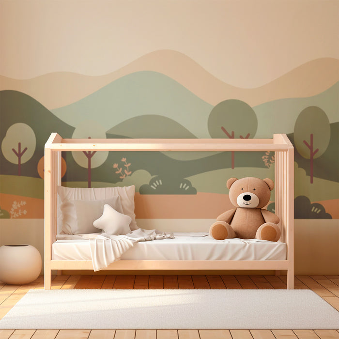 Papier peint chambre bébé | Décor apaisant de collines et arbres stylisés