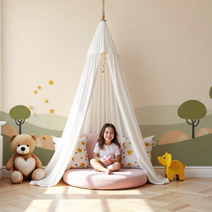 Papier peint chambre bébé | Décor de collines douces et d'arbres stylisés